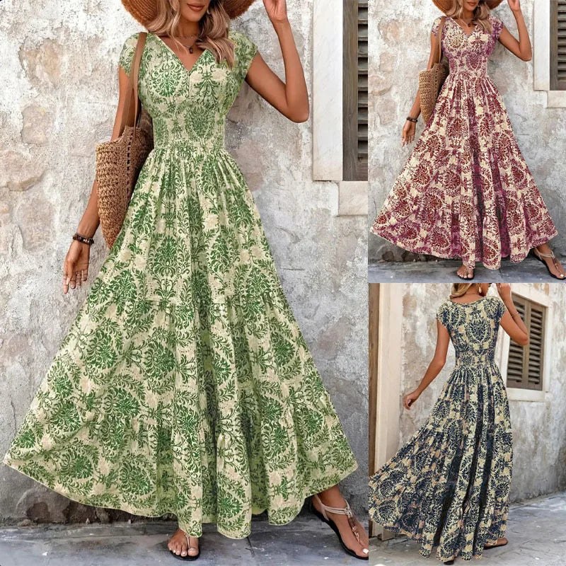 Women's Vintage Floral Print Maxi Dress – Elegant V-Neck Short-Sleeve Floor-Length Gown