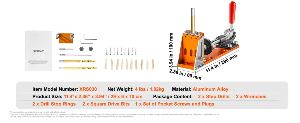 30 Pc Pocket Hole Jig Kit with Step Drill, Wrench & Stop Rings