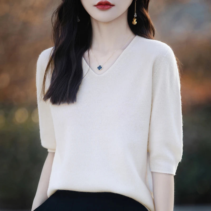 RONGYI Spring/Summer 2026 Ladies Sweater Pullover Solid Color V-neck Half-sleeved Knitted Cashmere Sweater Thin Casual Top