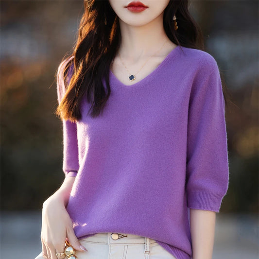 RONGYI Spring/Summer 2026 Ladies Sweater Pullover Solid Color V-neck Half-sleeved Knitted Cashmere Sweater Thin Casual Top