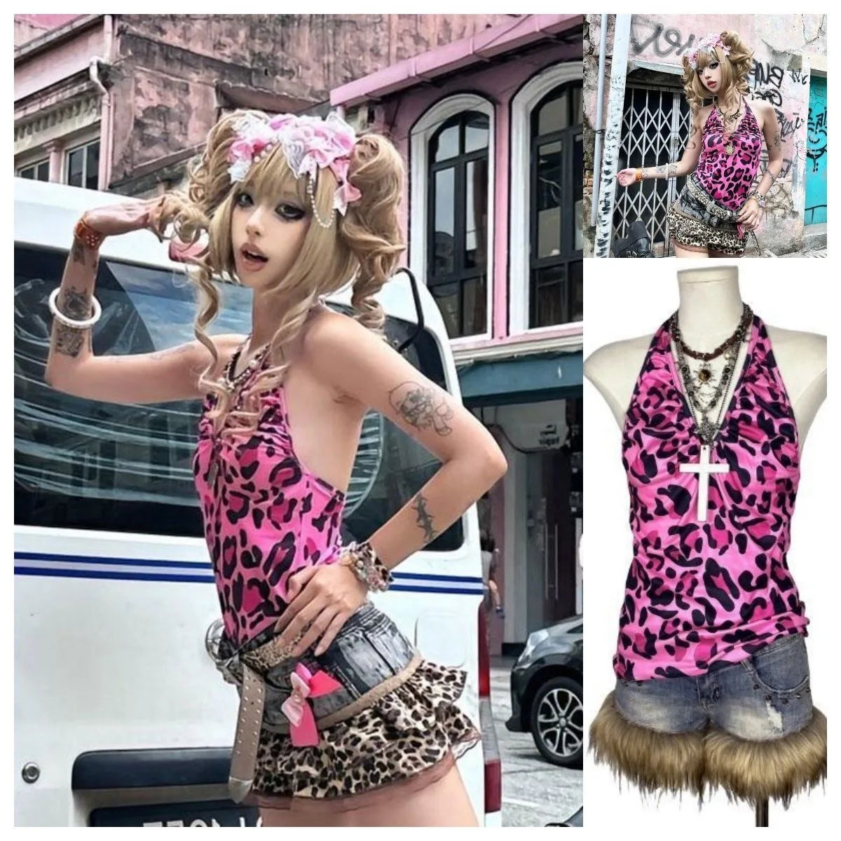 Women's Leopard Lace Cami — Y2K Patchwork Sleeveless Beach Tank Top