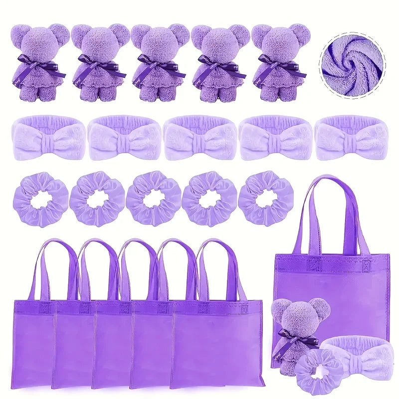 20 Spa Gift Set -5 Polyester Large Bags, 5 Headbands, 5 Hair Rings, 5 Bear Shaped Fabrics - Perfect for Bridal Showers, Singles'