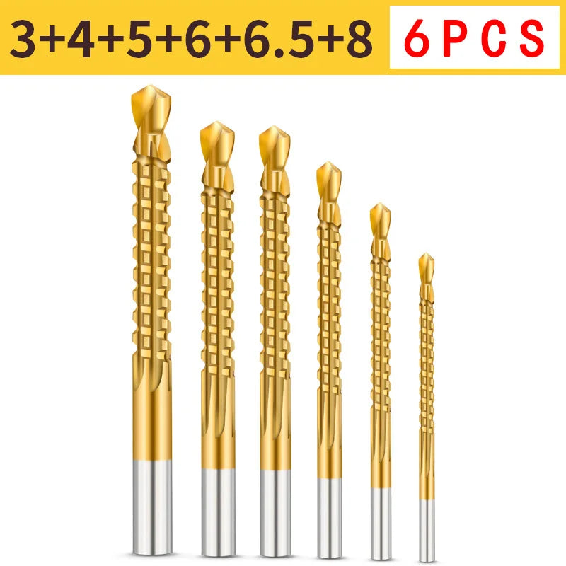 6 Pc HSS Twist Drill Bit Set 3-8mm, Titanium Serrated Cutting