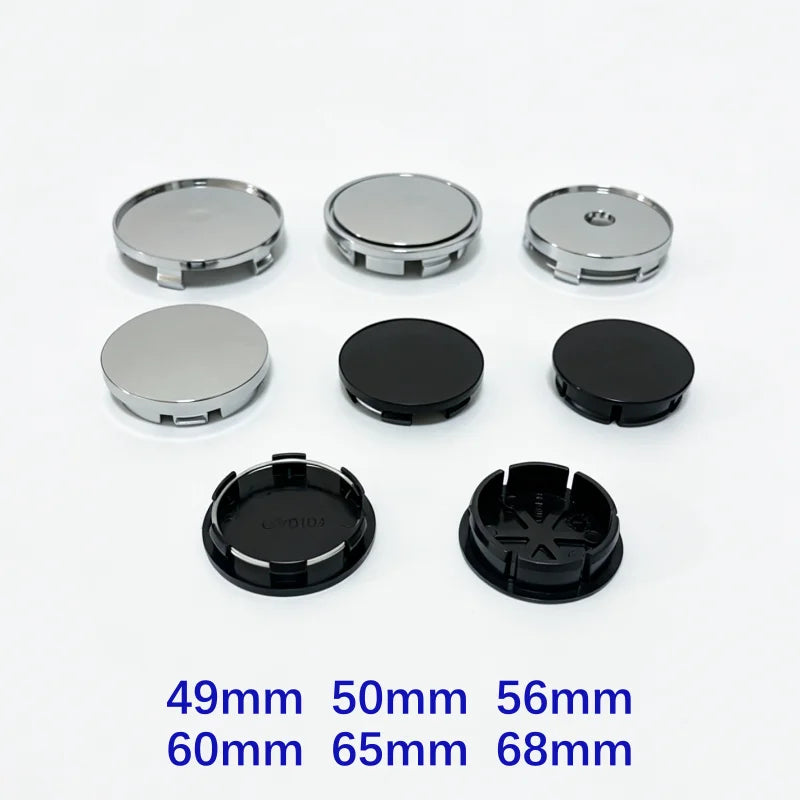 Blank Wheel Centre Caps (4-Pack) — Universal Hub Covers, No Logo, 48mm–68mm, Black/Chrome/Silver