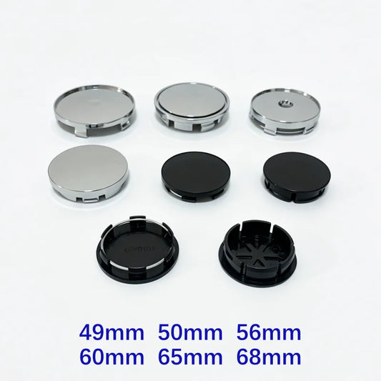 Blank Wheel Centre Caps (4-Pack) — Universal Hub Covers, No Logo, 48mm–68mm, Black/Chrome/Silver