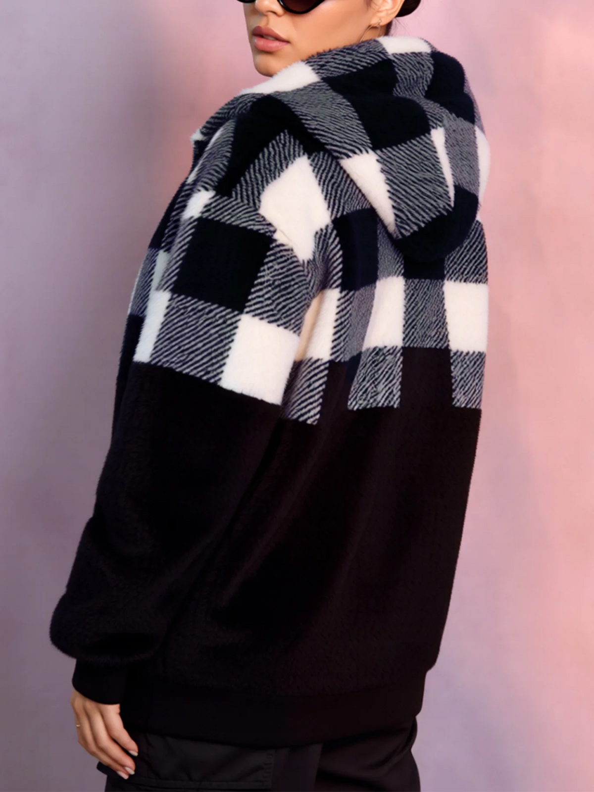 Women's Plaid Hooded Fuzzy Jacket - Full Zip Drawstring Coat - photo 2