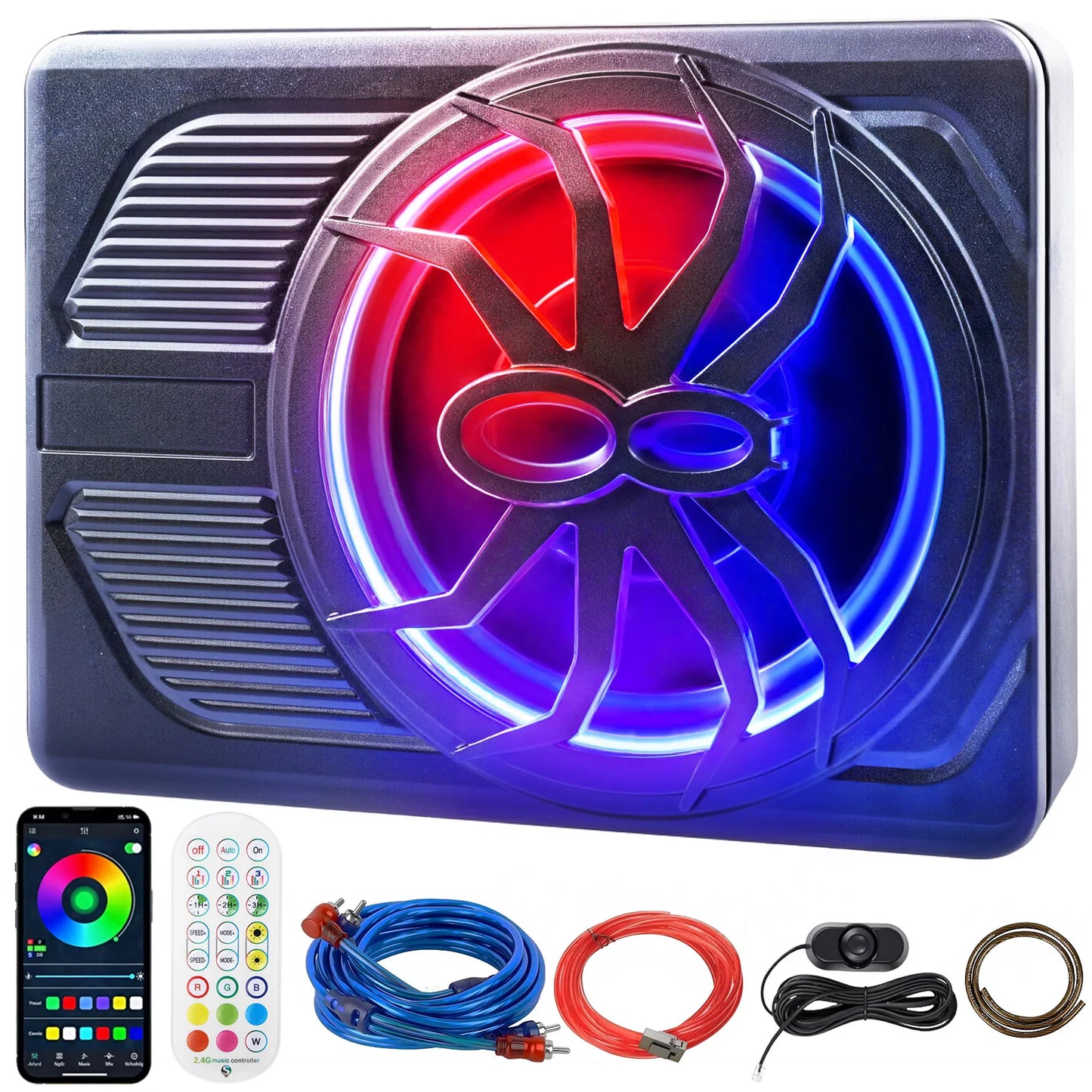 10 Inch Car Speakers Active RMS 80W Stereo Pure Bass Installed Under The Seat Ultra-Thin Subwoofer APP Control Colorful Light