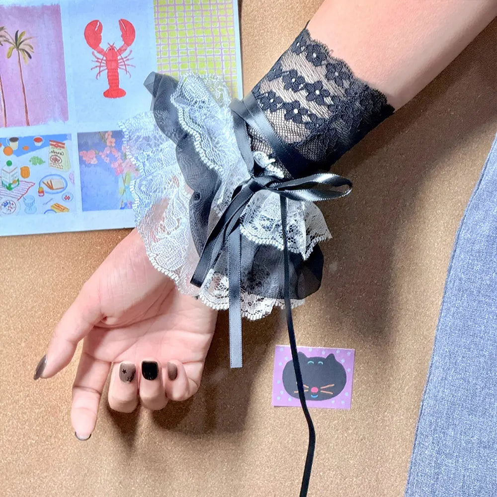 1 Pair Women Lolita Jk Lace Fingerless Gloves Black Gothic Fake Sleeves Trendy Elastic Long Lace Arm Sleeves Clothes Decoration