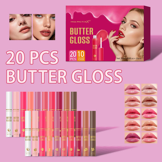 20 Pcs Colored Lip Oil Box Set - 10 Flavors, Moisturizing Shiny Lip Gloss