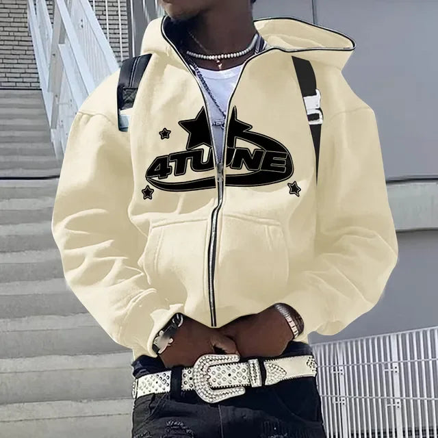 Men's Letter Print Zip-Up Hoodie, Hip Hop Style
