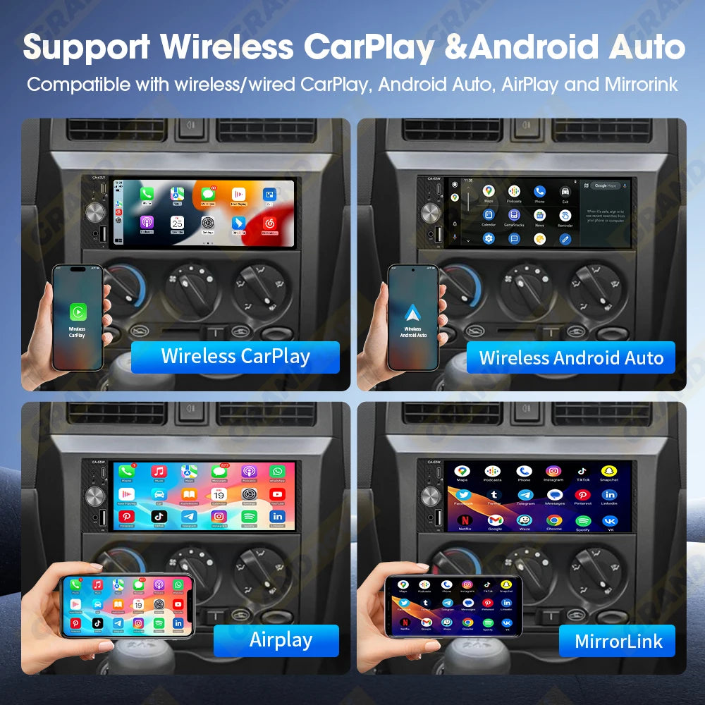 6.5 Inch 1Din MP5 Player Stereo Wireless Carplay Android Auto Airplay Car Radio Bluetooth FM EQ Type-C PD3.0 Fast Charging