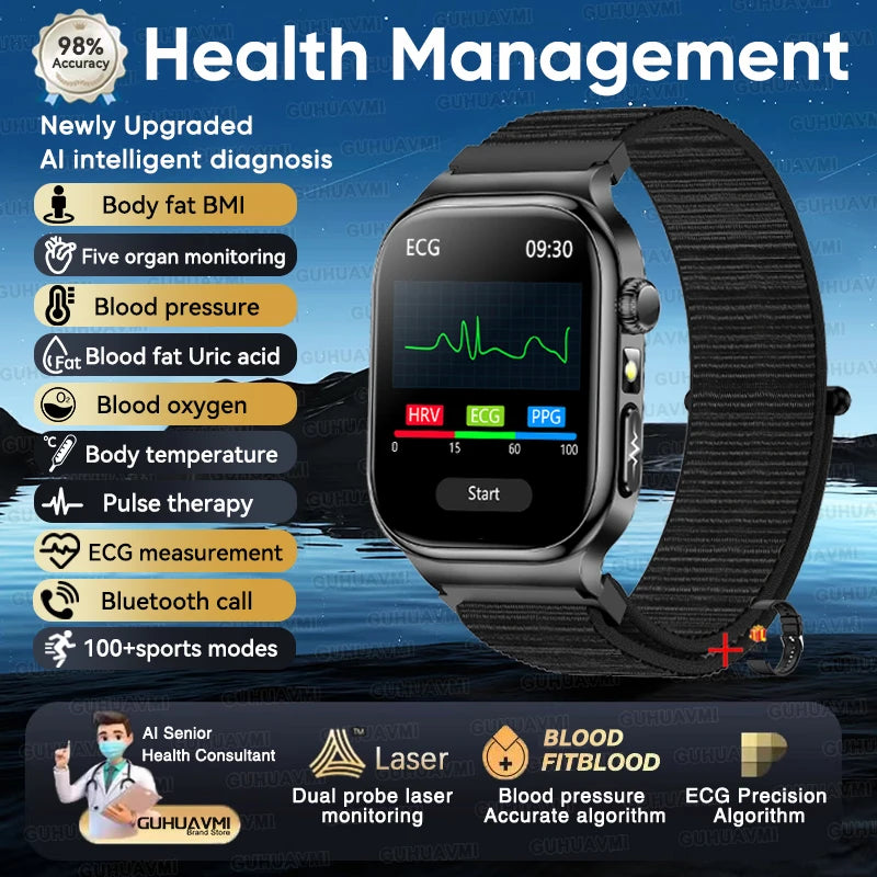 GUHUAVMI 2026 AI Health Smartwatch – ECG+HRV, Blood Pressure, Uric Acid & Blood Lipid Monitor | 2.04" AMOLED Sapphire | Bluetooth Calling | Men & Women