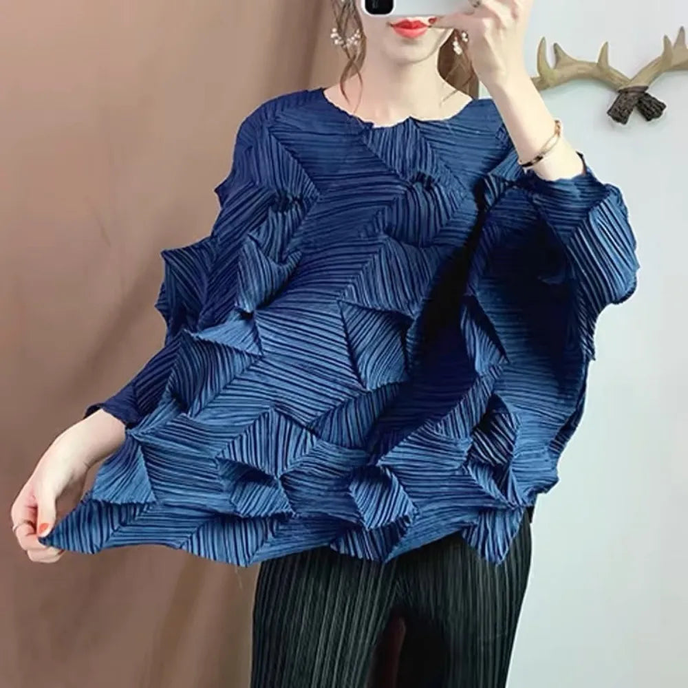 Miyake-Style Pleated T-Shirt - Women's Loose Round-Neck Summer Top