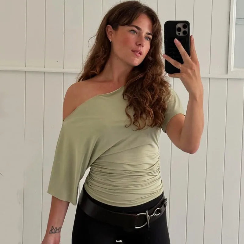 Women's One Shoulder Slim Crop Top – Short Sleeve Y2K Streetwear Tee