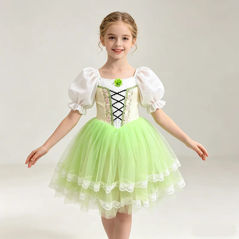 Girls green puff-sleeve ballet tutu dress