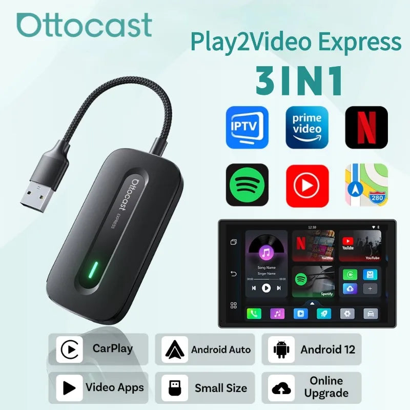 OTTOCAST Play2Video Express Wireless CarPlay & Android Auto Adapter — Streaming App Support