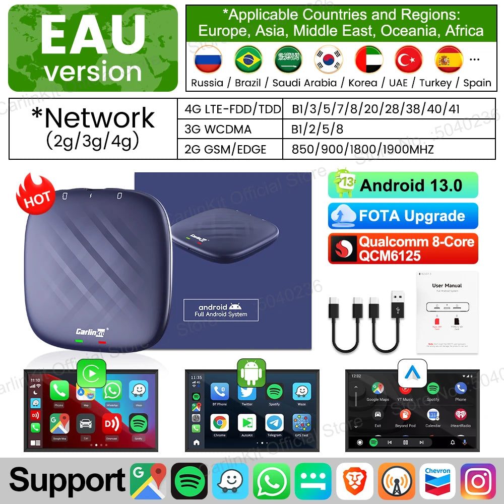 CarlinKit Android 13 CarPlay AI Box — Wireless CarPlay & Android Auto Adapter, 8-Core, Dual-Band WiFi, GPS