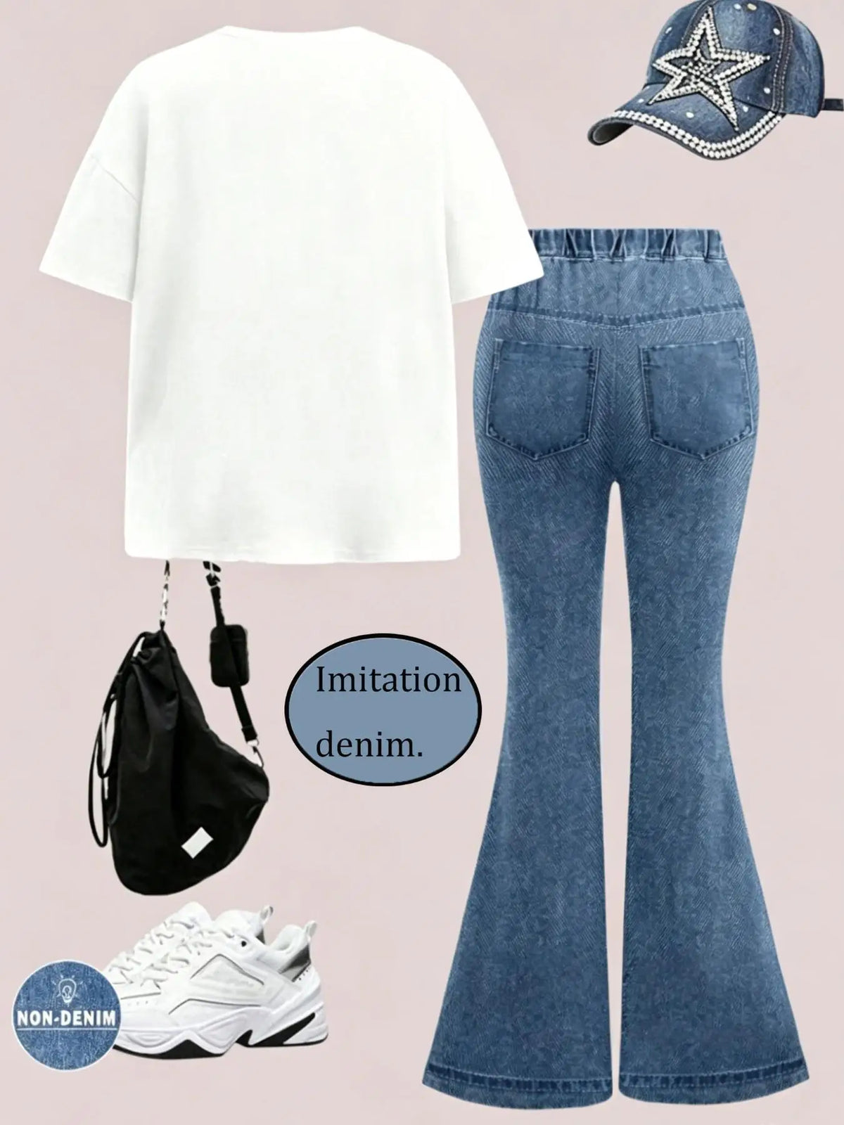 Girls' Summer Casual Outfit, Children's Casual Bowknot Set, Faux Denim Flared Pants + Round Neck Short-Sleeve T-Shirt Two-Piece Set, Trendy Daily Wear for Girls, Suitable for Ages 4-12