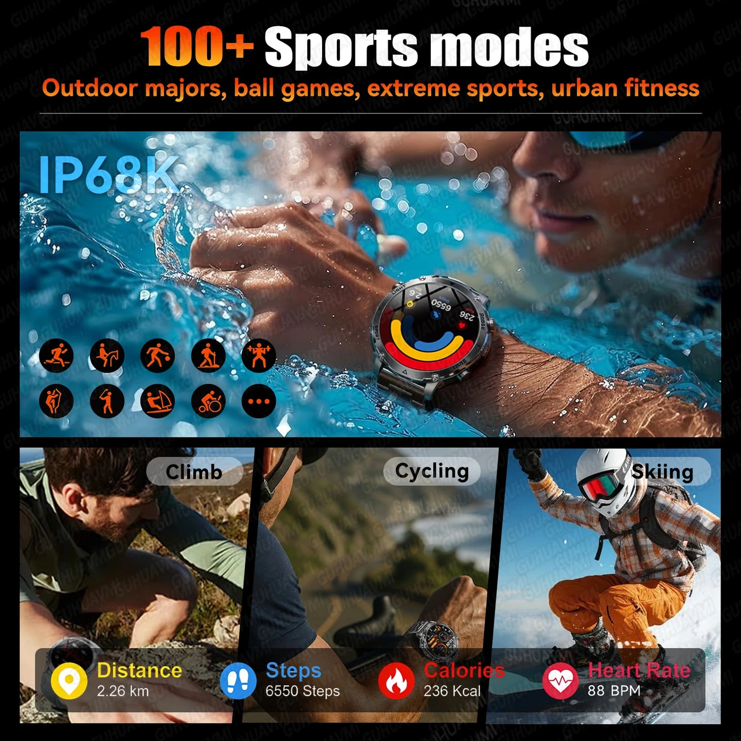 Newly Durable 1400mAh Large Battery Smart Watch Men 1.7" HD Screen IP68K Waterproof LED Flashlight Sports BT Call Smart Bracelet