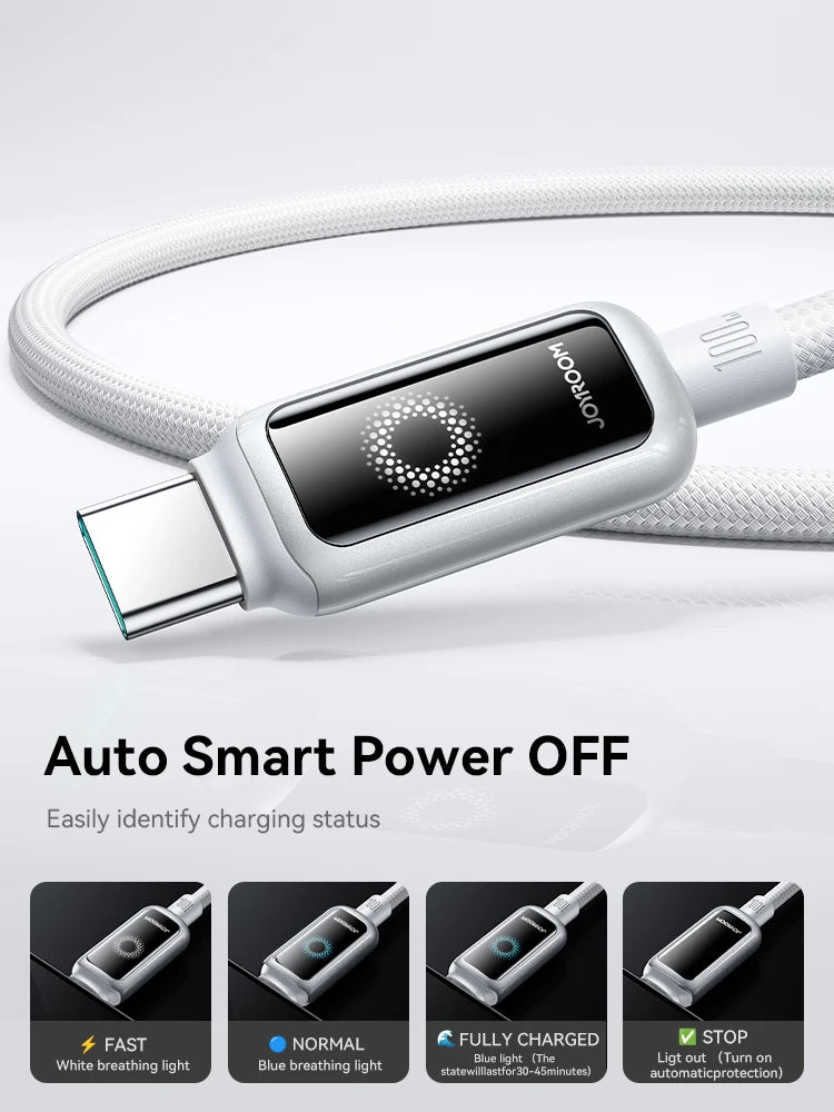 Joyroom 100W USB C Cable Automatic Power Off Fast Charge Type C Cable For iPhone 16 15 Pro Max  Xiaomi Sumsang Huawei