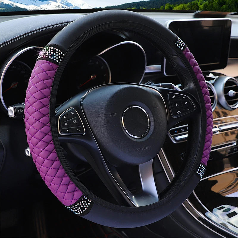 Four Seasons Universal Car Steering Wheel Cover 37-38cm Leather Embroidered Color Diamond-Studded Elastic Steering Wheel Cover