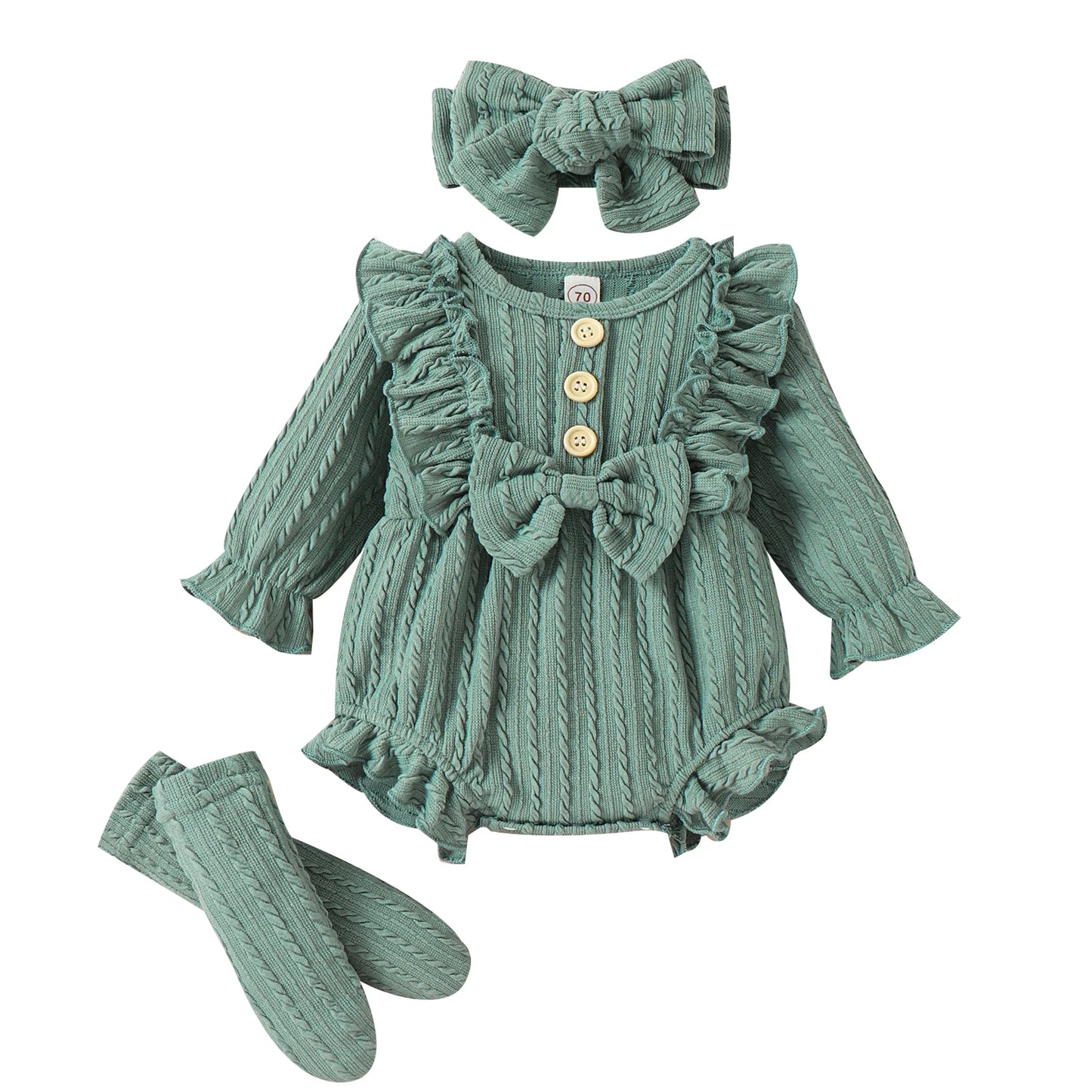 Infant Newborn Baby Girls 3Pcs Spring Autumn Outfits, Long Sleeve Button Front Ruffle Romper + Socks + Headband Set