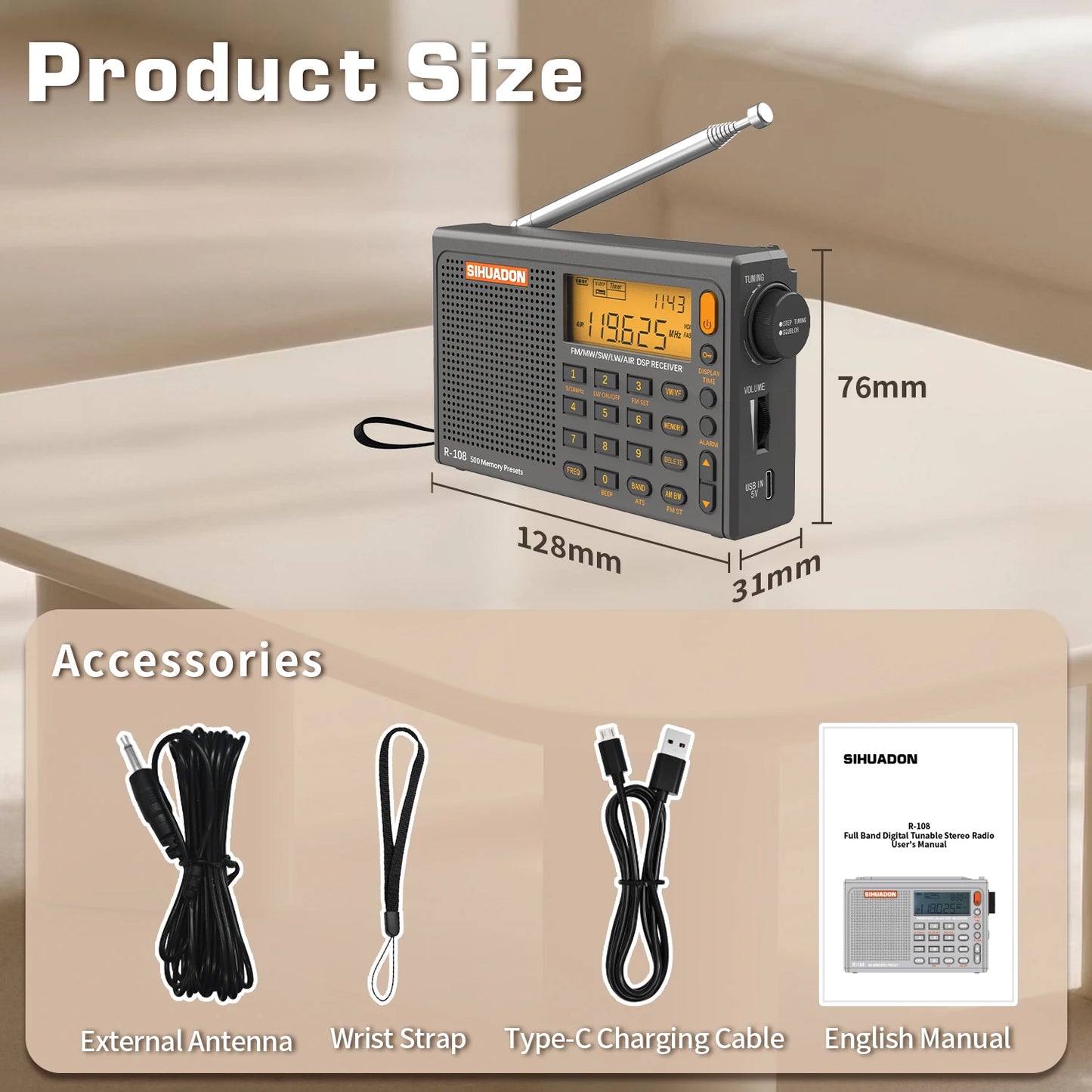 XHDATA R108 Digital Portable Radio AM FM Stereo Shortwave LW Air Band Multiband Receiver with Alarm Clock Display Speaker