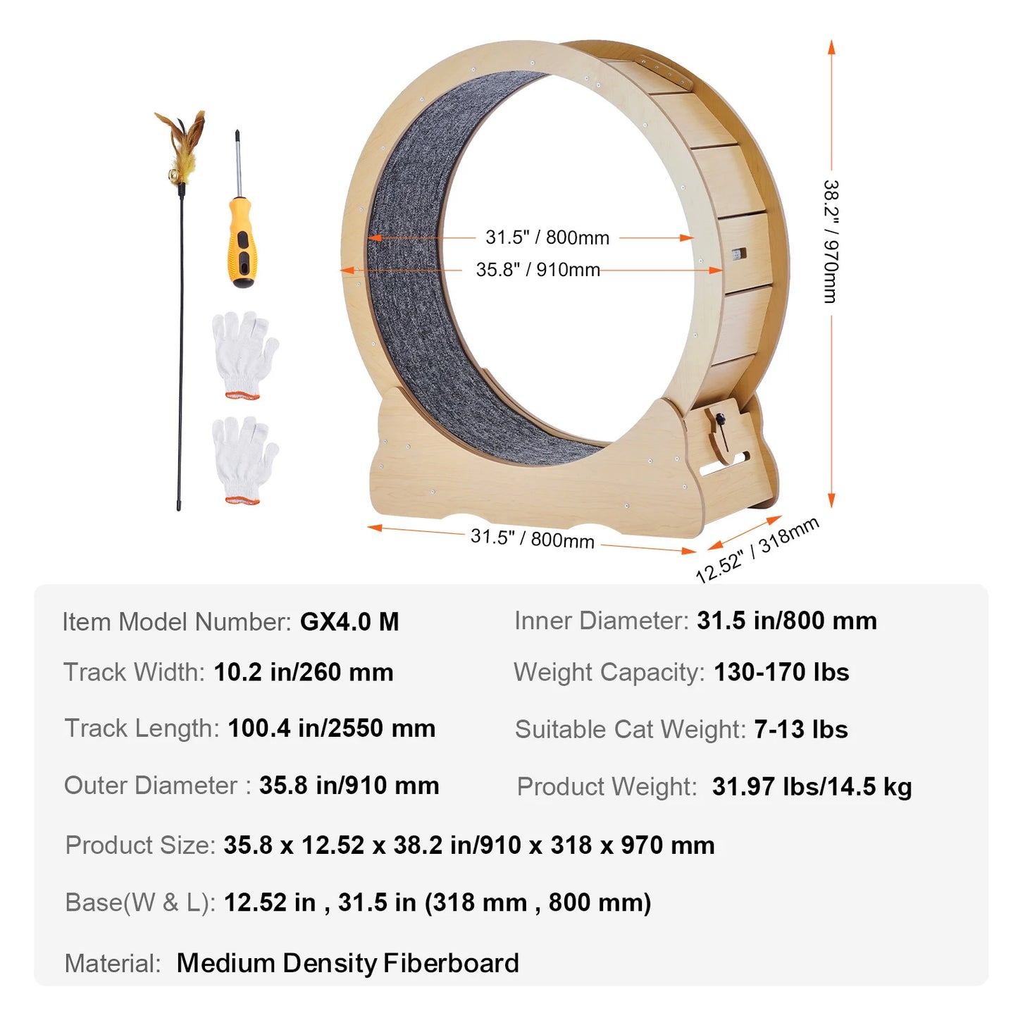 SucceBuy Wooden Cat Exercise Wheel – Large Indoor Cat Treadmill Running Wheel with Carpet & Teaser | 29–52 inch