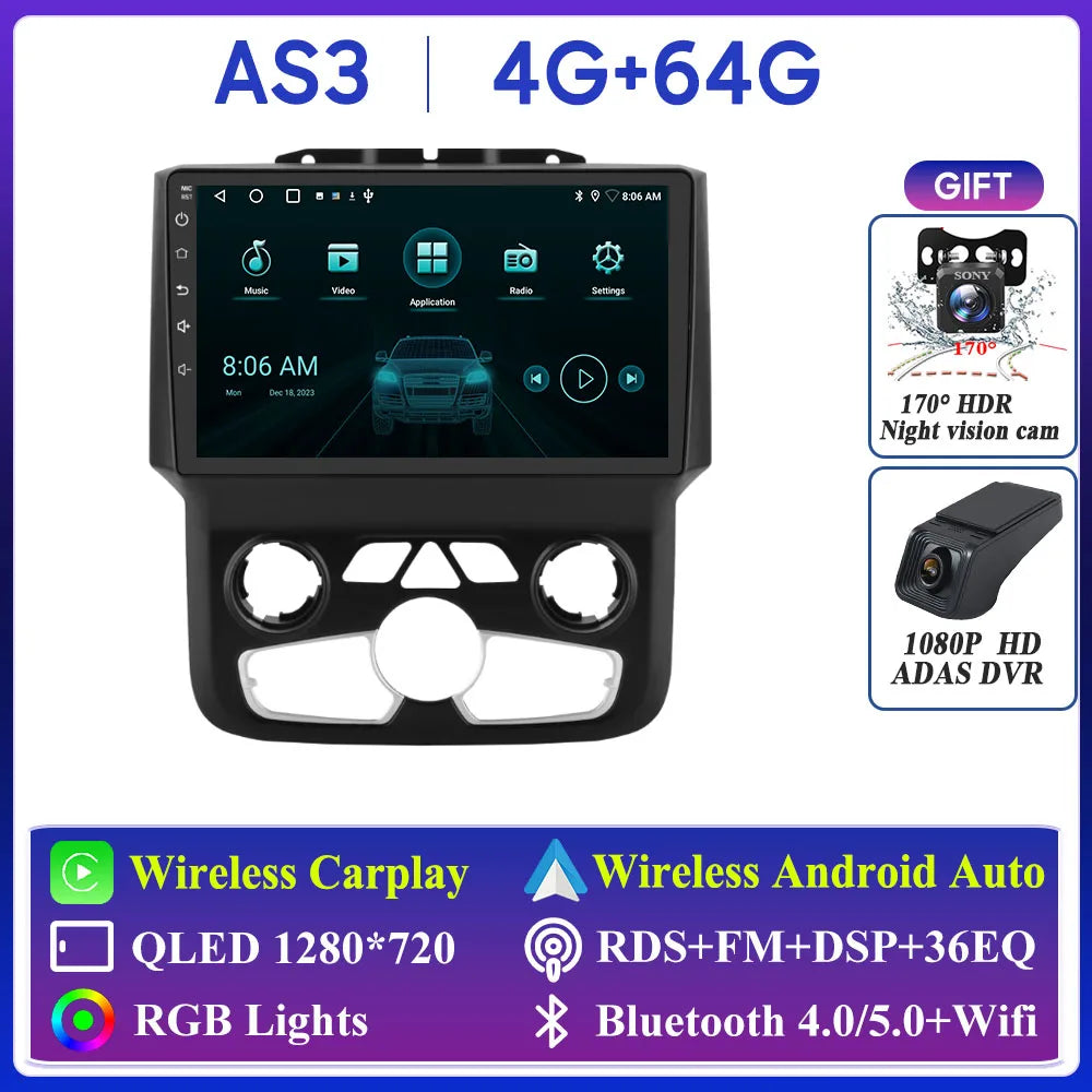 For Dodge Ram 1500 2500 3500 2013-2018 Car Radio Navigation GPS Carplay Stereo Android Auto Multimedia Player DVD Bluetooth 5G