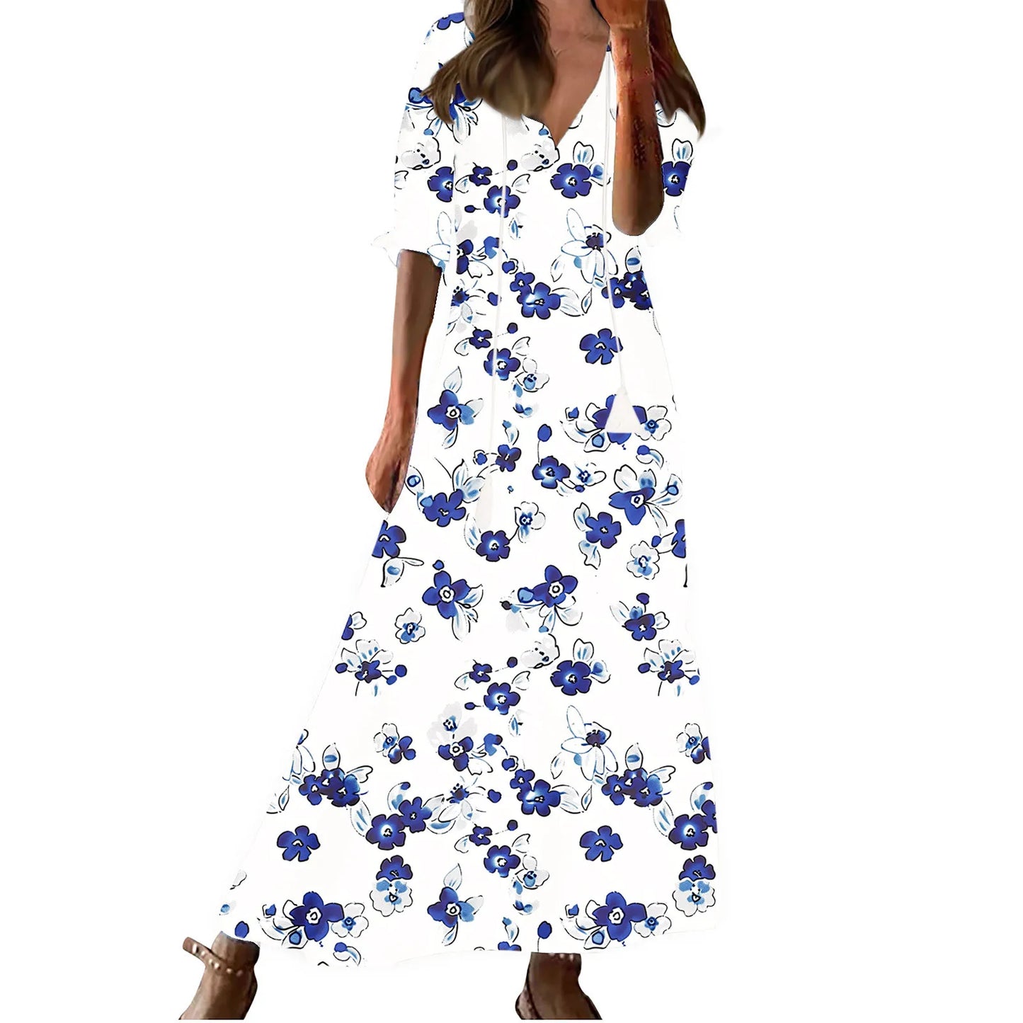 Women's Boho Maxi Dress – Casual V-Neck Drawstring Long-Sleeve Printed Bohemian Dress