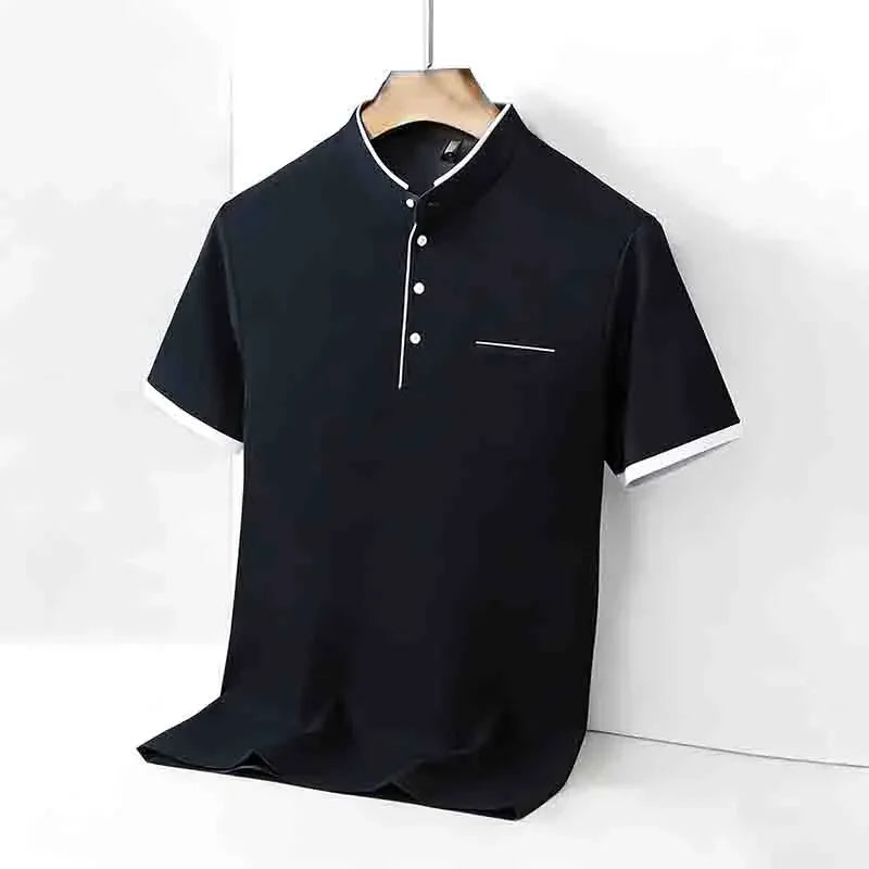 Men's Mandarin Collar Polo - Short Sleeve Pocket, All-Season Pullover