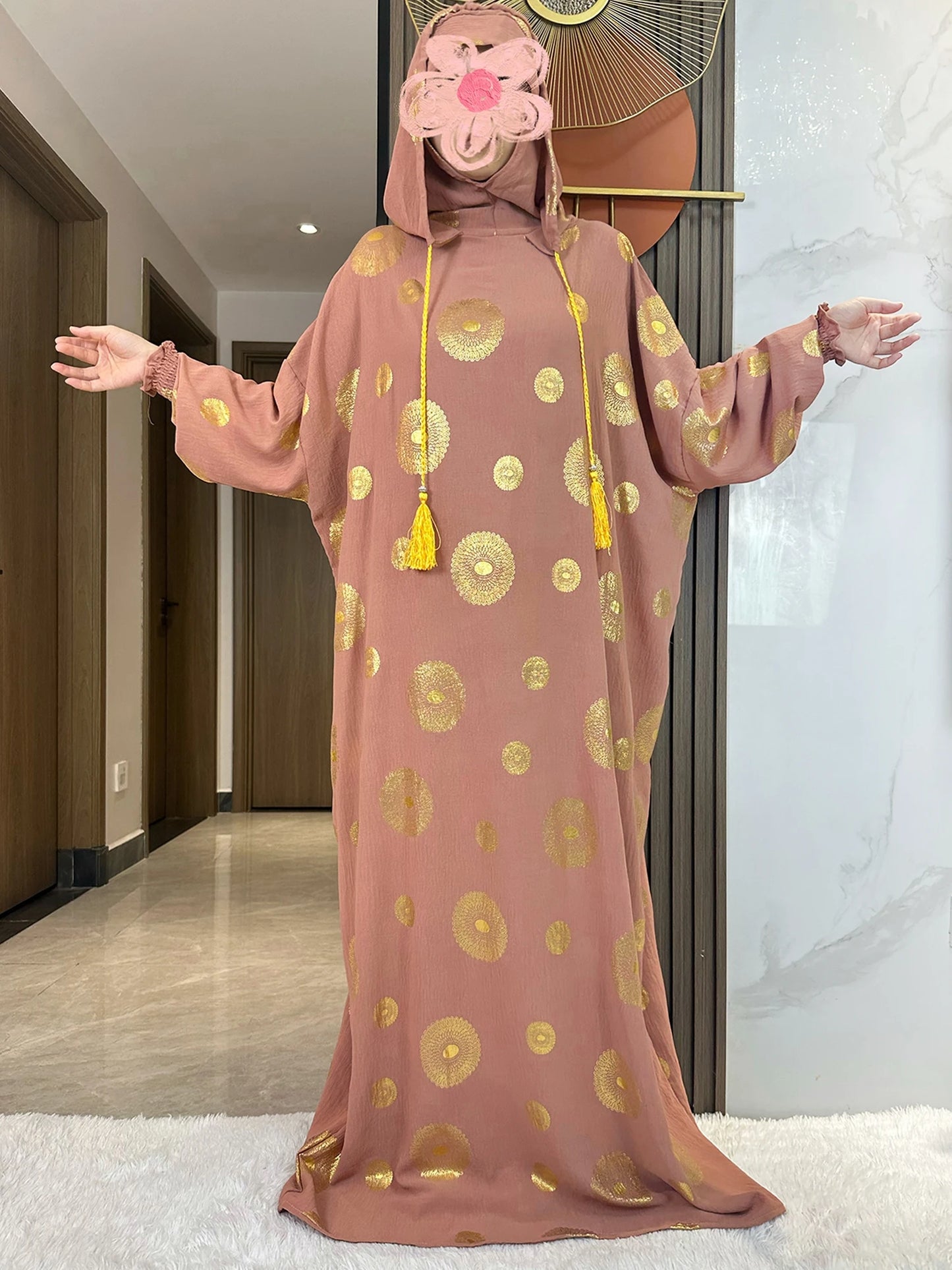 Women's Cotton Embroidered Abaya Kaftan – Gold Dust Shimmer, Loose Fit, All-Season Muslim Dress