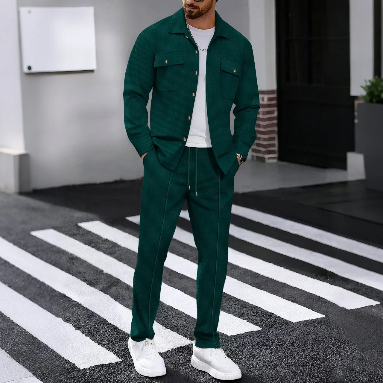 Men's casual two-piece waffle texture suit (including button-down top and elastic waist pants) - fashionable street casual sport
