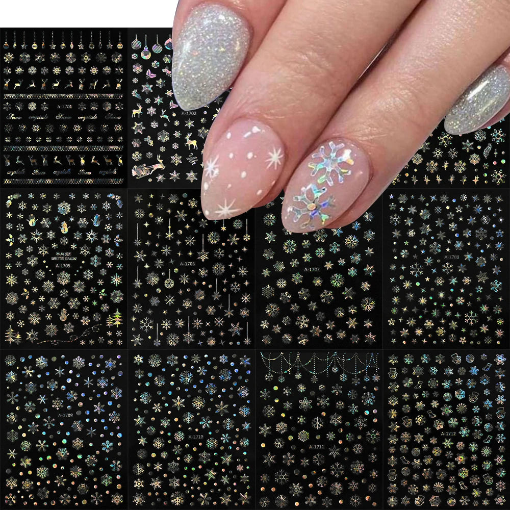 12pcs/set Gold Laser Snowflake Nail Stickers Set 3D Luminous Snowflakes Adhesive Nail Decals Winter Snowman Elk Maniucre Decorat