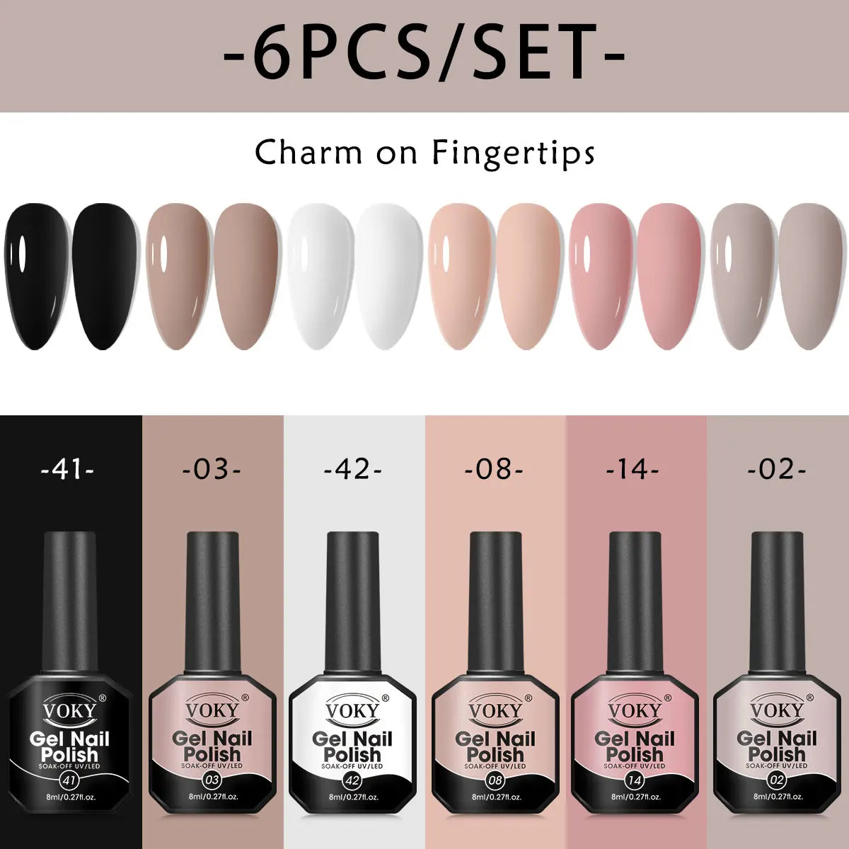 8ml 6-piece gel nail polish set, classic colors, smooth application, shiny effect, no fragrance