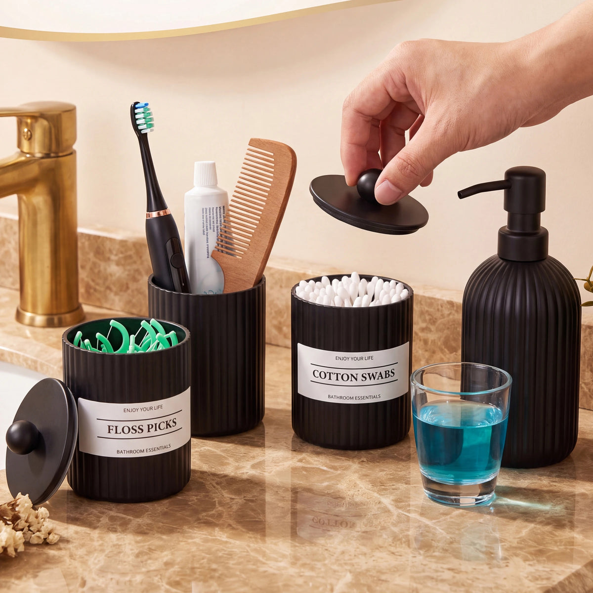 Bathroom Vanity Accessories Set, Reusable Soap Bottle, Storage Jar, Toothpaste Cup and Mouthwash Dispenser for Housewarming Gift