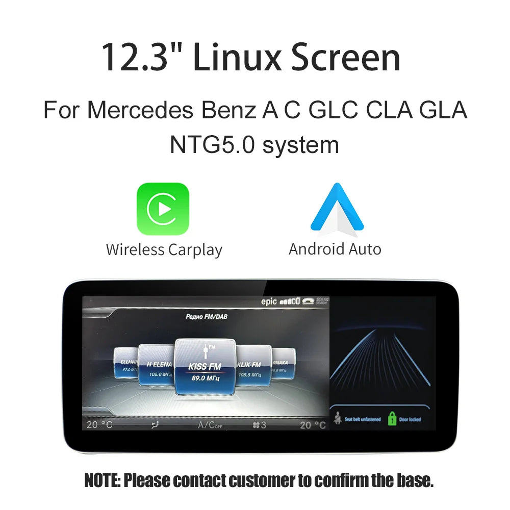 12.3" Wireless CarPlay & Android Auto Screen for Mercedes-Benz NTG5.0 — GLA, CLA, GLC, W205, W176, C117, X156, W212, W167