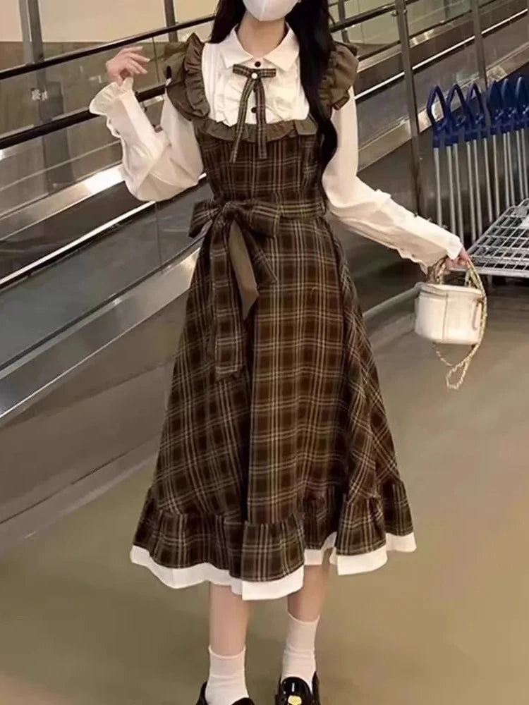 Autumn French Vintage Elegant Women Midi Dresses Y2k Casual Design Plaid Evening Dress New Fashion Office Korean Popular Clothes