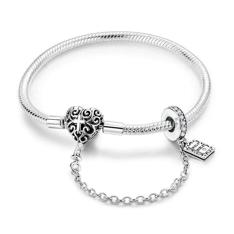 925 Sterling Silver Heart Charm Bracelet for Women - DIY Beads