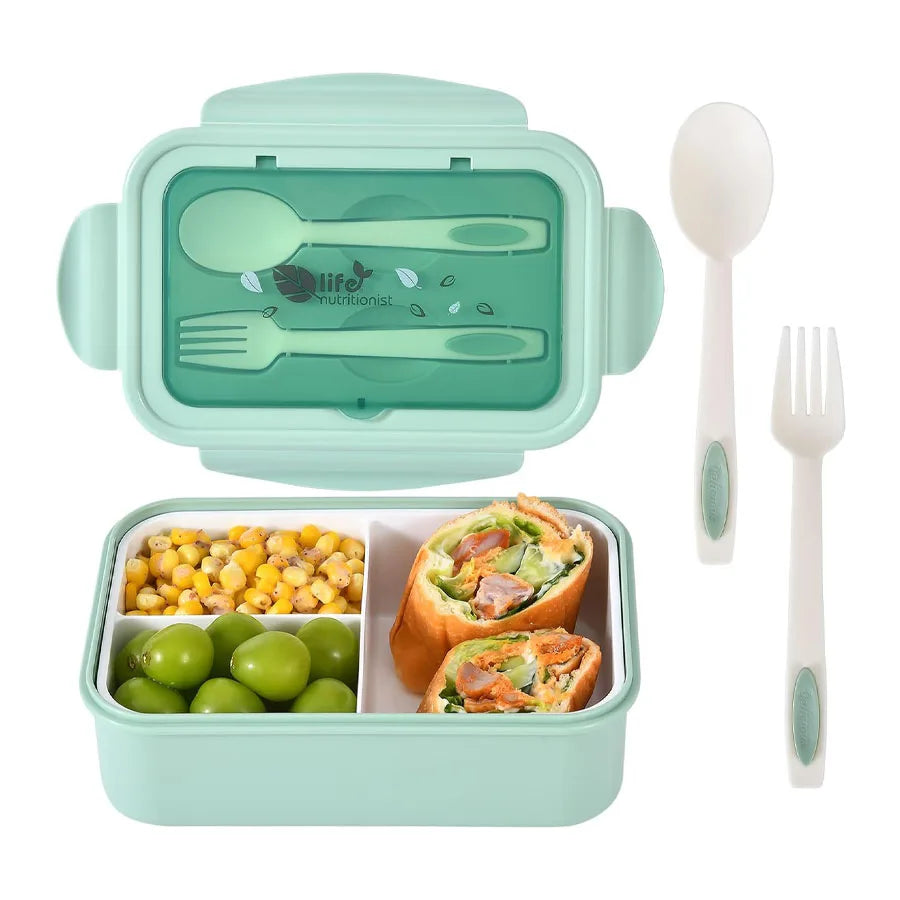 3-Compartment Bento Lunch Box for Adults & Kids - Spoon & Fork