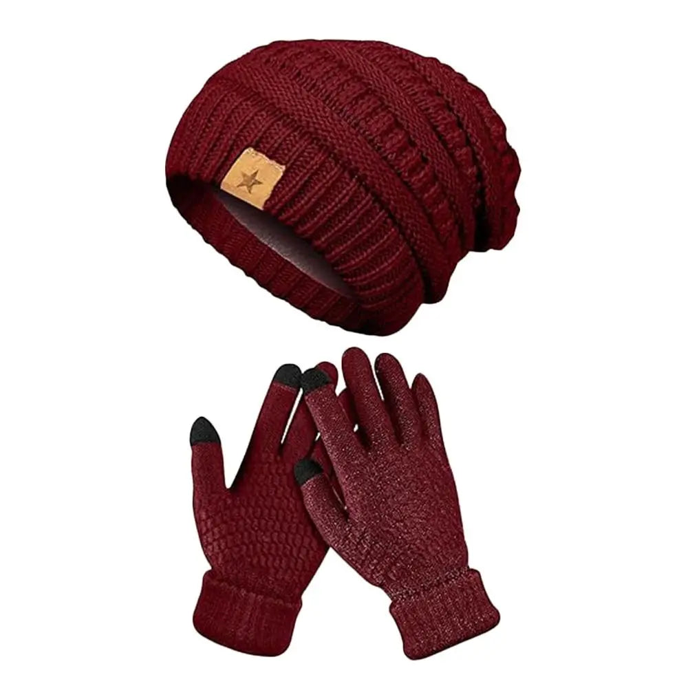 Women's Plush Beanie & Mittens Set - Warm Ear Covering Winter Hat