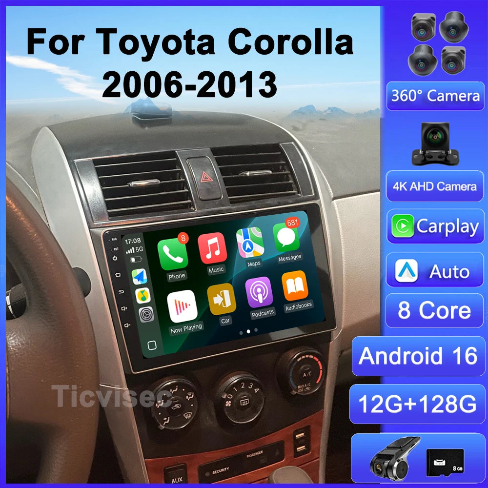 Android 16 Car Radio 4G+WIFI for Toyota Corolla E140/150 2007 2008 2009 2010 2011 2012 2013 Multimedia Player 2 Din DVD Speakers