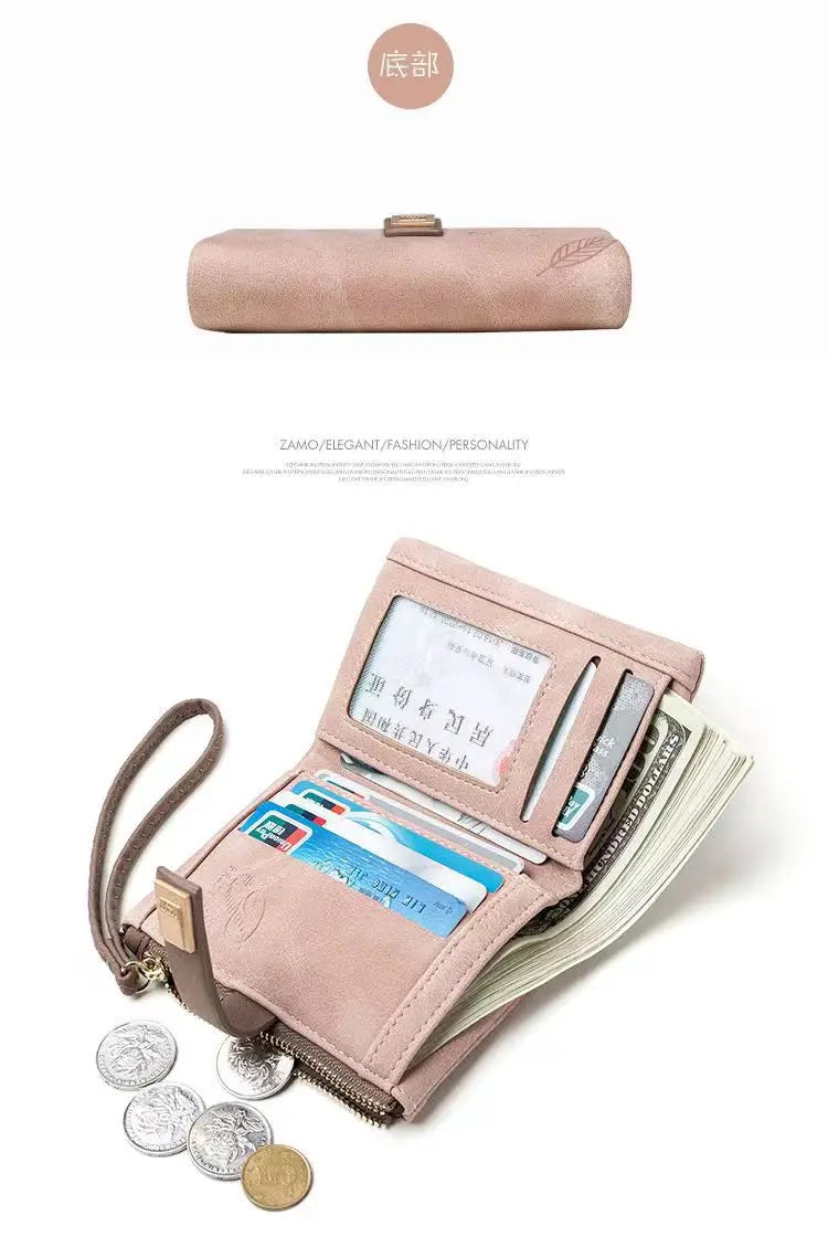 Spring/Summer 2026 new women's short wallet, high-quality PU hardware leaf buckle, solid color zipper, student coin coin purse,