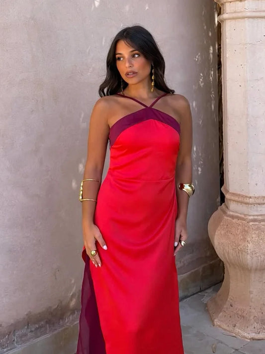 Women's Color-Block Halter Maxi Dress — Backless Off-Shoulder Party Gown