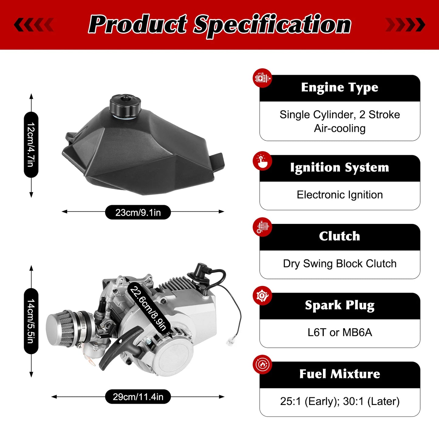 49cc 2-Stroke Motor Engine Kit, Air Cooling Pull Start with Fuel Tank for Mini Pocket Quad Dirt Bike ATV Scooter