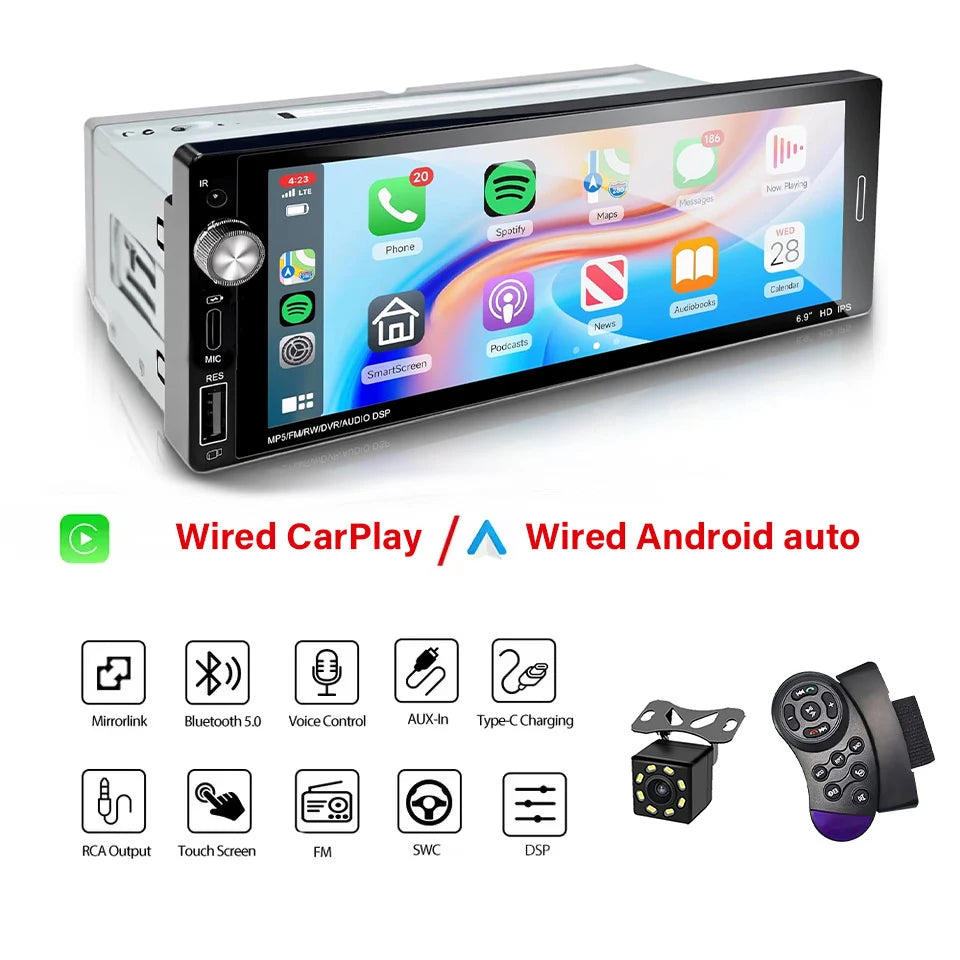 6.9" 1-DIN Car Stereo — Wireless & Wired CarPlay, Android Auto, USB-C Fast Charging, FM Radio
