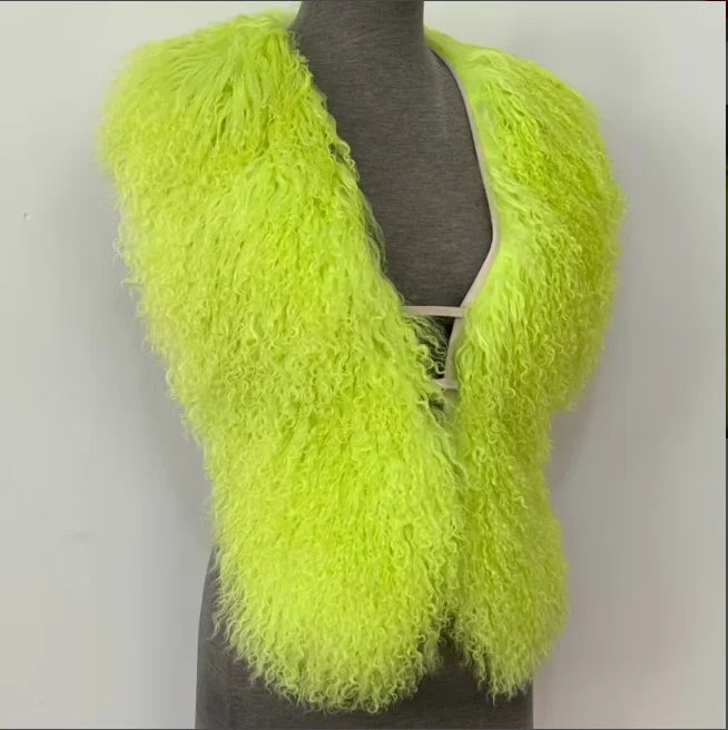 Fluffy Luxury  Real Mongolian Fur Halter Vests Women Solid Deep V-Neck Backless Bandage Sleeveless Jackets Top Outerwear Coat
