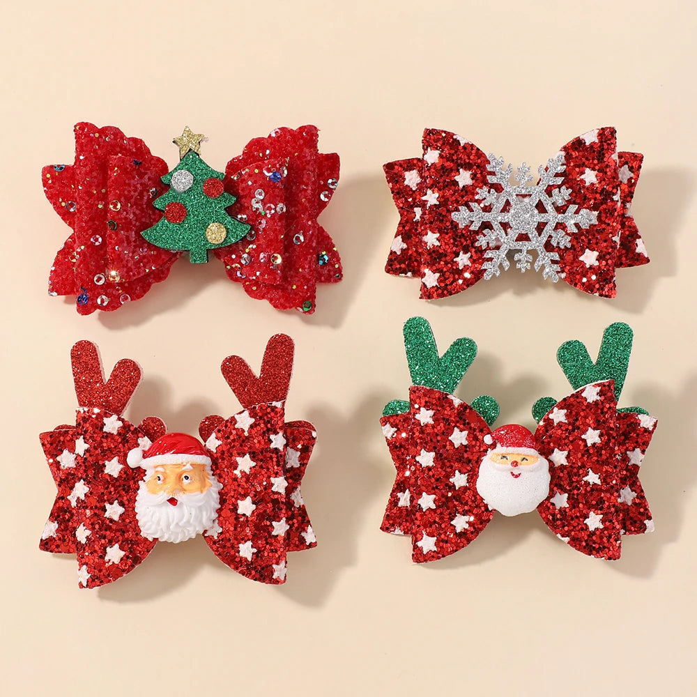 2Pcs/Set Baby Girls Christmas Hair Clips Glittle Bows with Antlers Santa Claus Snowflake Hairpin Shiny Headwear Hair Accessories