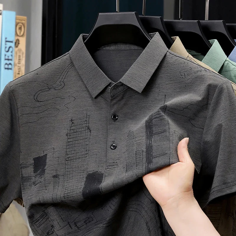 Men's Skyline-Print Polo - Thin Lightweight, Two-Button Lapel