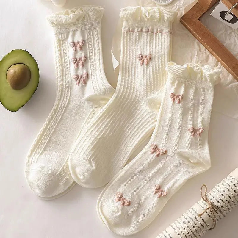 Women's Mid-Tube Socks 5/10 Pairs - Cute Bow & Floral